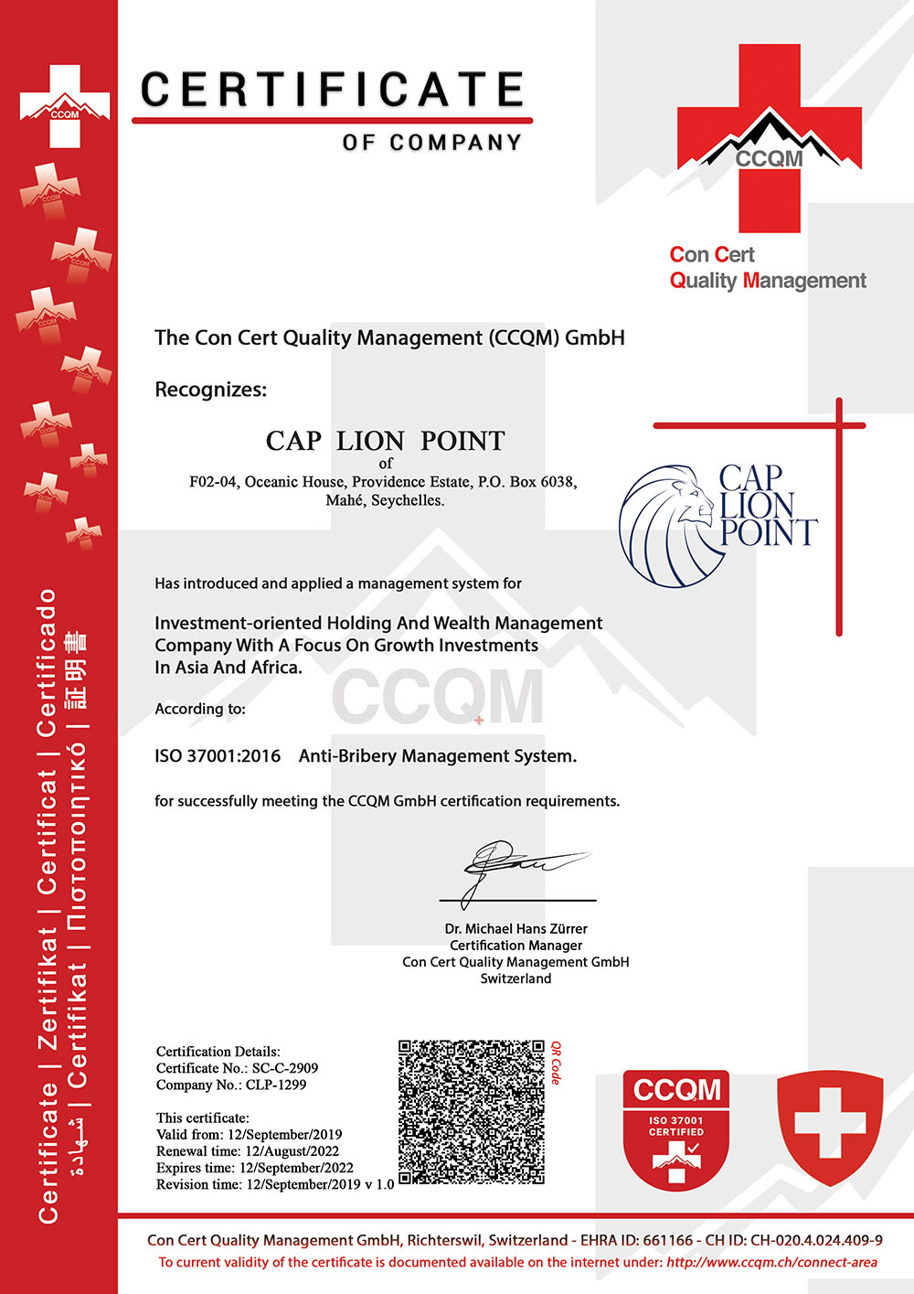 Cap Lion Point - ISO-37001-Certified